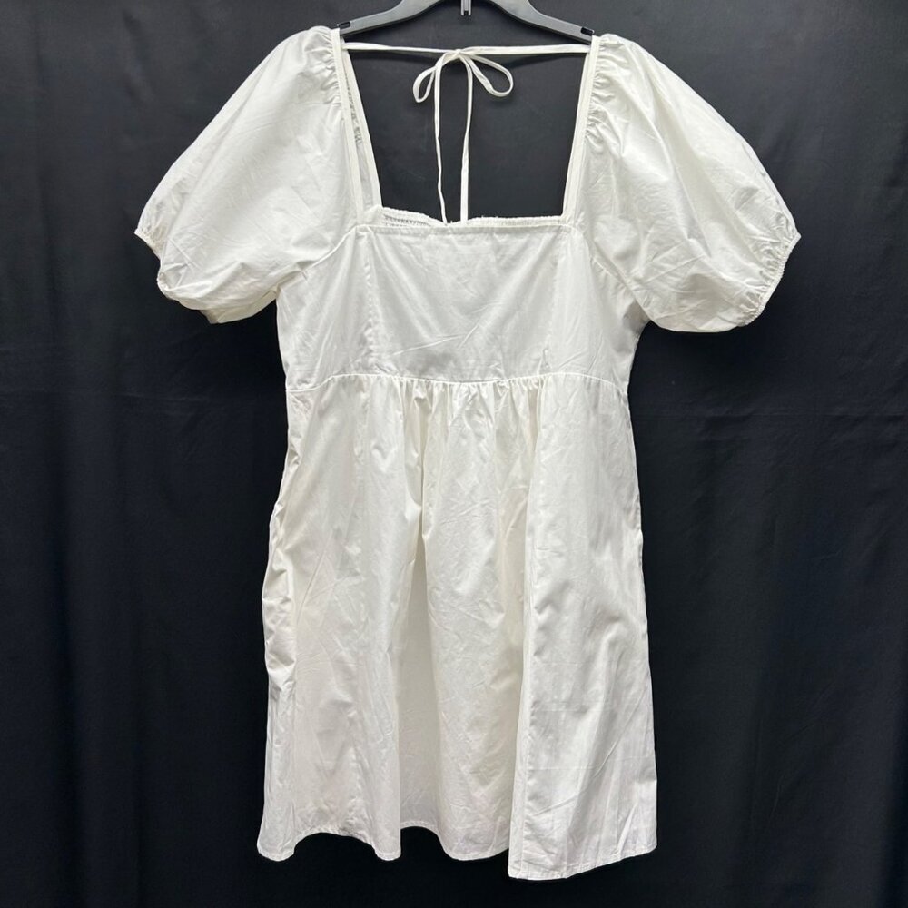 DRAPER JAMES Puff Sleeve Smocked Baby Doll Dress XL White Lined Shirred Back GRA